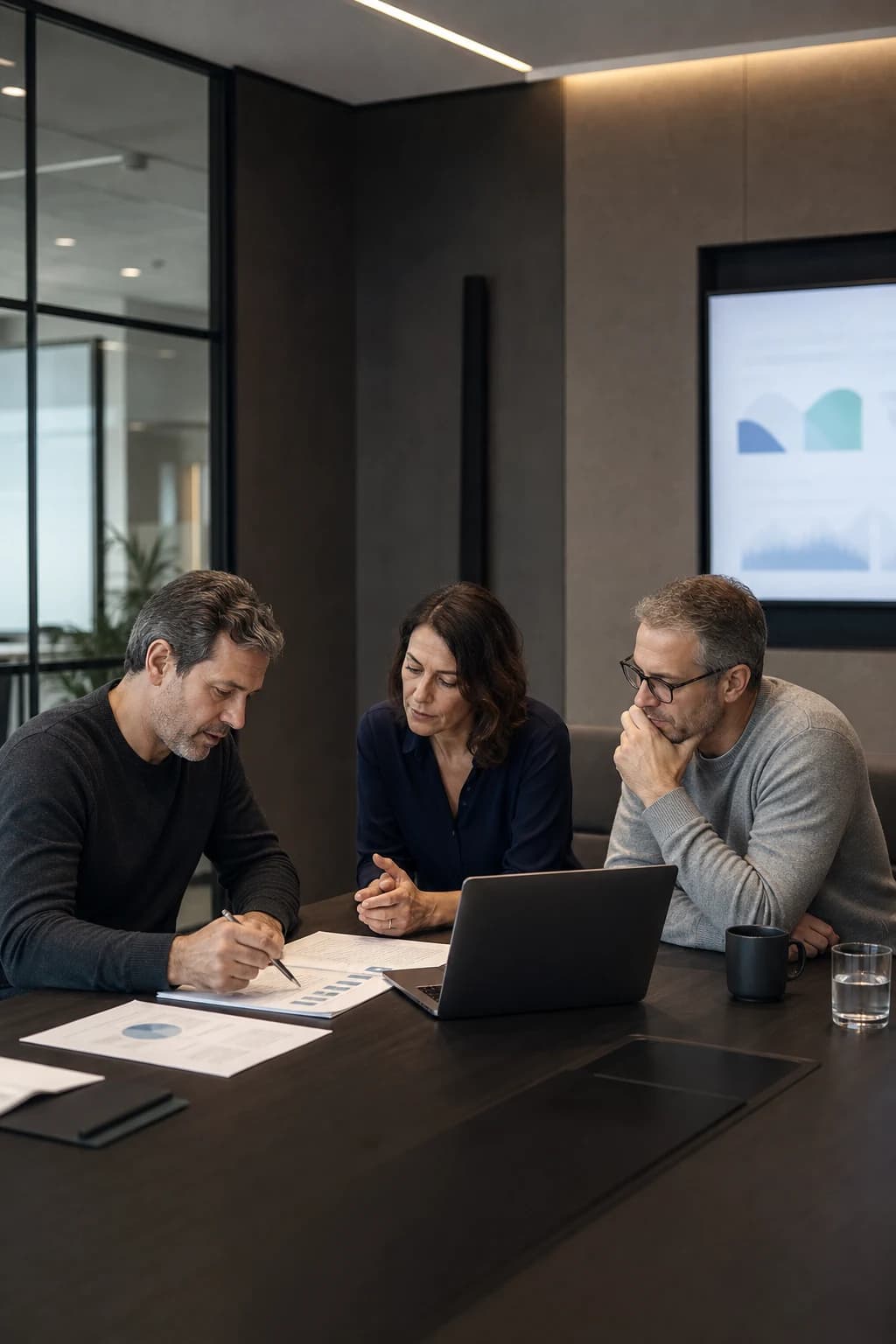 Leaders reviewing financial and operating plans in a professional office